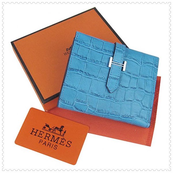 Hermes Bearn Mini Wallet Crocodile Leather Skyblue